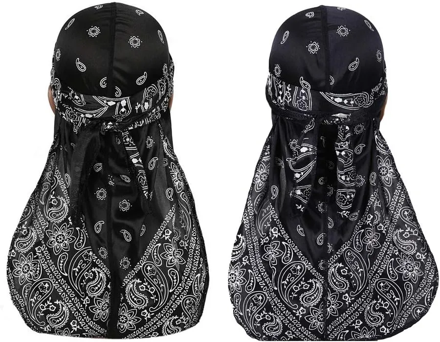 Assorted Paisley Bandana Doo rag Cap Headwraps Men's Women's Silk Durag with Long Tail and Wide Straps for 360 Waves