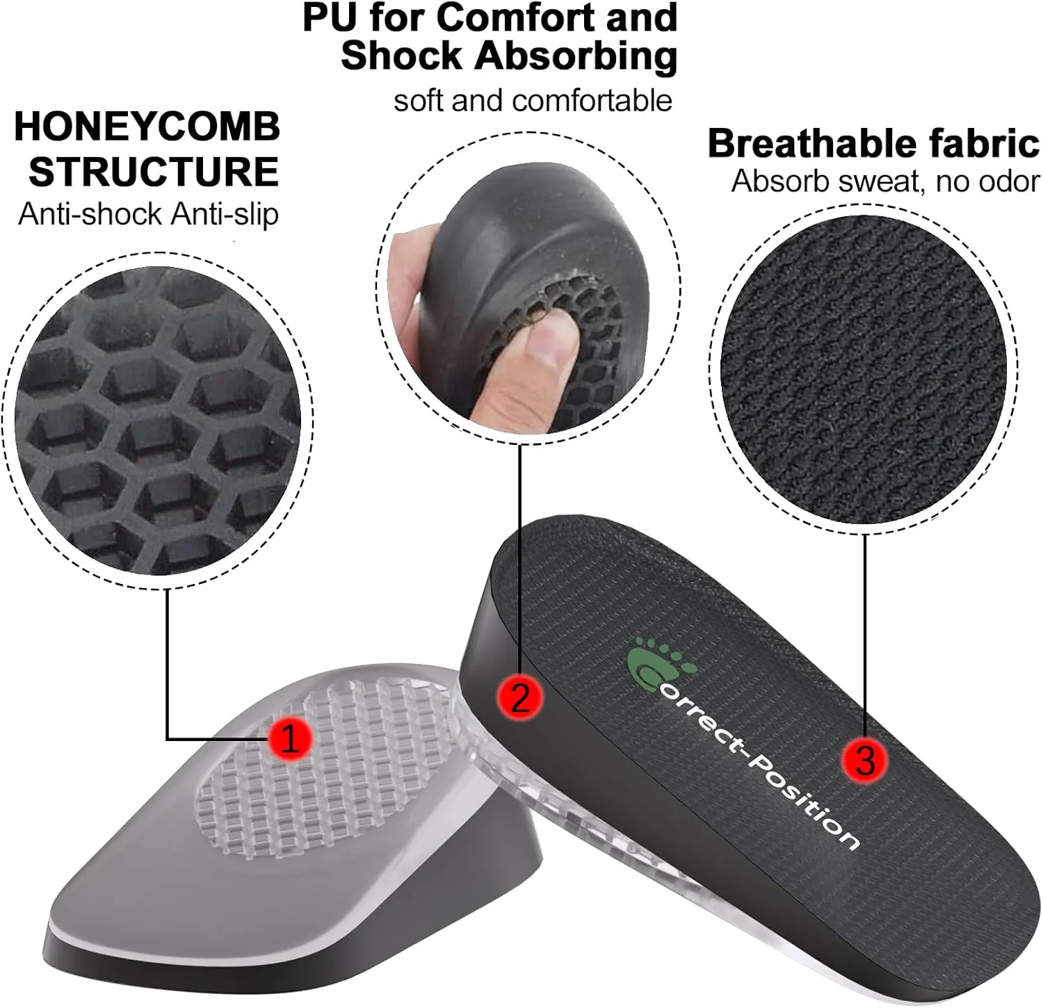 Correct-Position Height Increase Insoles, Heel Cushion Inserts, Heel Lift Inserts for Leg Length Discrepancies (Black, 1.8" Height)
