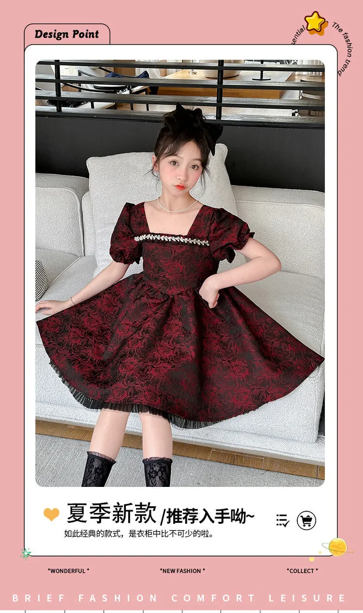 DUNNMALL  Summer Girls' Skirt New Children's Princess Dress Girls' Goth Rose Manor High Sense Fashionable Children's Clothing