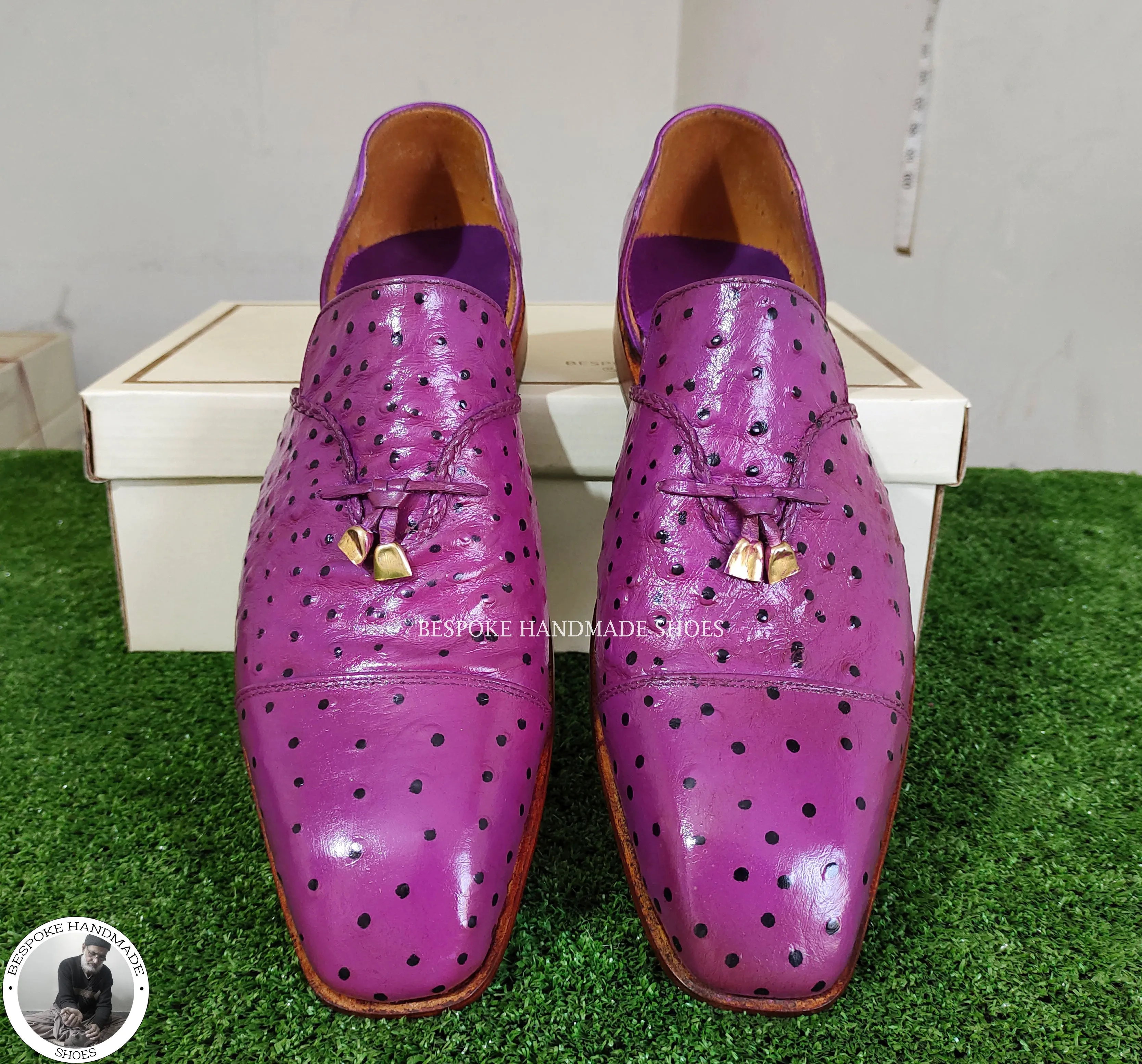 Handmade Purple Leather Toe Cap Half Slippers Ostrich Men's Dress Shoes