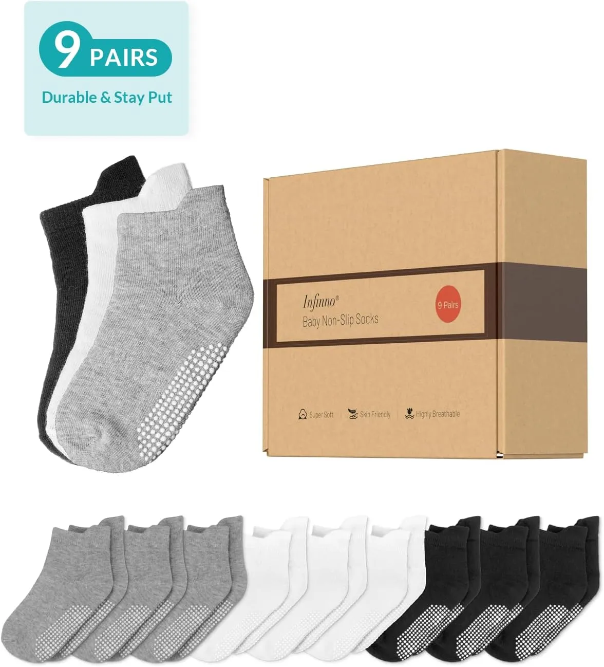 Infinno Baby Non Slip Ankle Socks 9 Pairs - Toddler Socks with Grips for Kids, Infants Boys and Girls 6-24 Months, 1T-7T