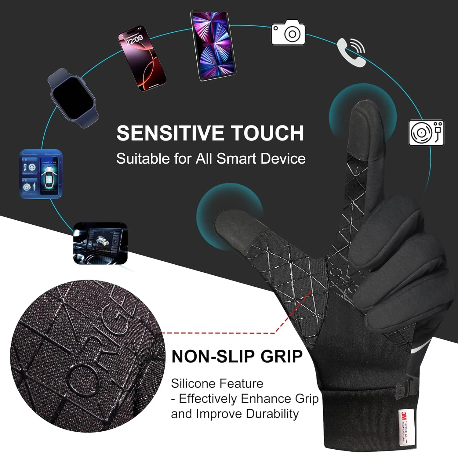 Origem Winter Gloves Men Women, Touch Screen Anti-Slip Warm 3M Thinsulate Running Gloves Lined for Cycling Driving Hiking Walking Gardening