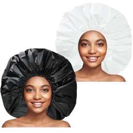 Super Jumbo Shower Cap 2 PCS Waterproof Shower Caps for Women, Extra Large Shower Cap, Reusable Super Large Bath Caps Hair Cap for Long Thick Curly Hair, Locs, Twist Braids - Black   White