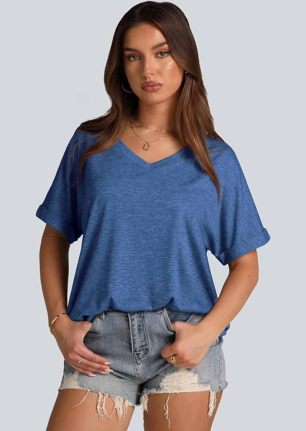 WIHOLL Womens Oversized Tshirts Summer Tops 2025 Short Sleeve V Neck Shirts Outfits Plus Size Clothes